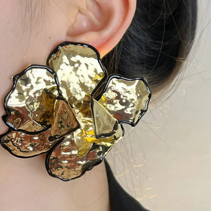 Large Black Metal Flower Earrings for Women Party